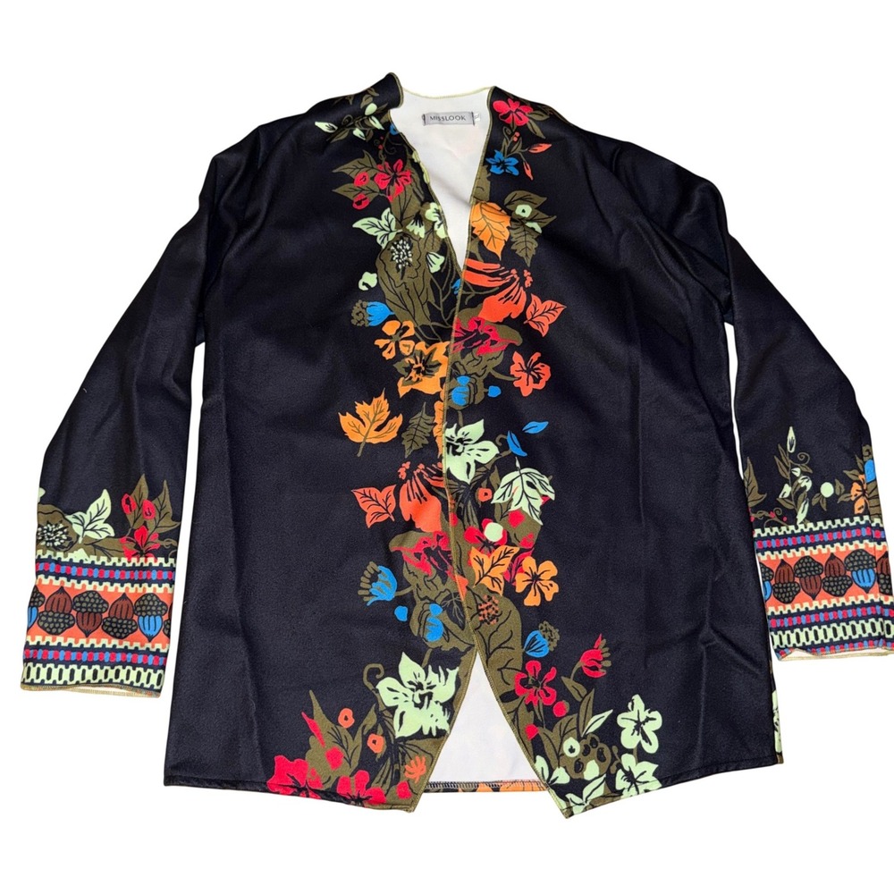 Misslook Black Floral Open Front Long‎ Sleeve Women's Cardigan XL